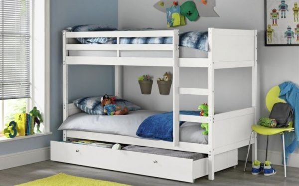 a simple white bunk bed with drawers